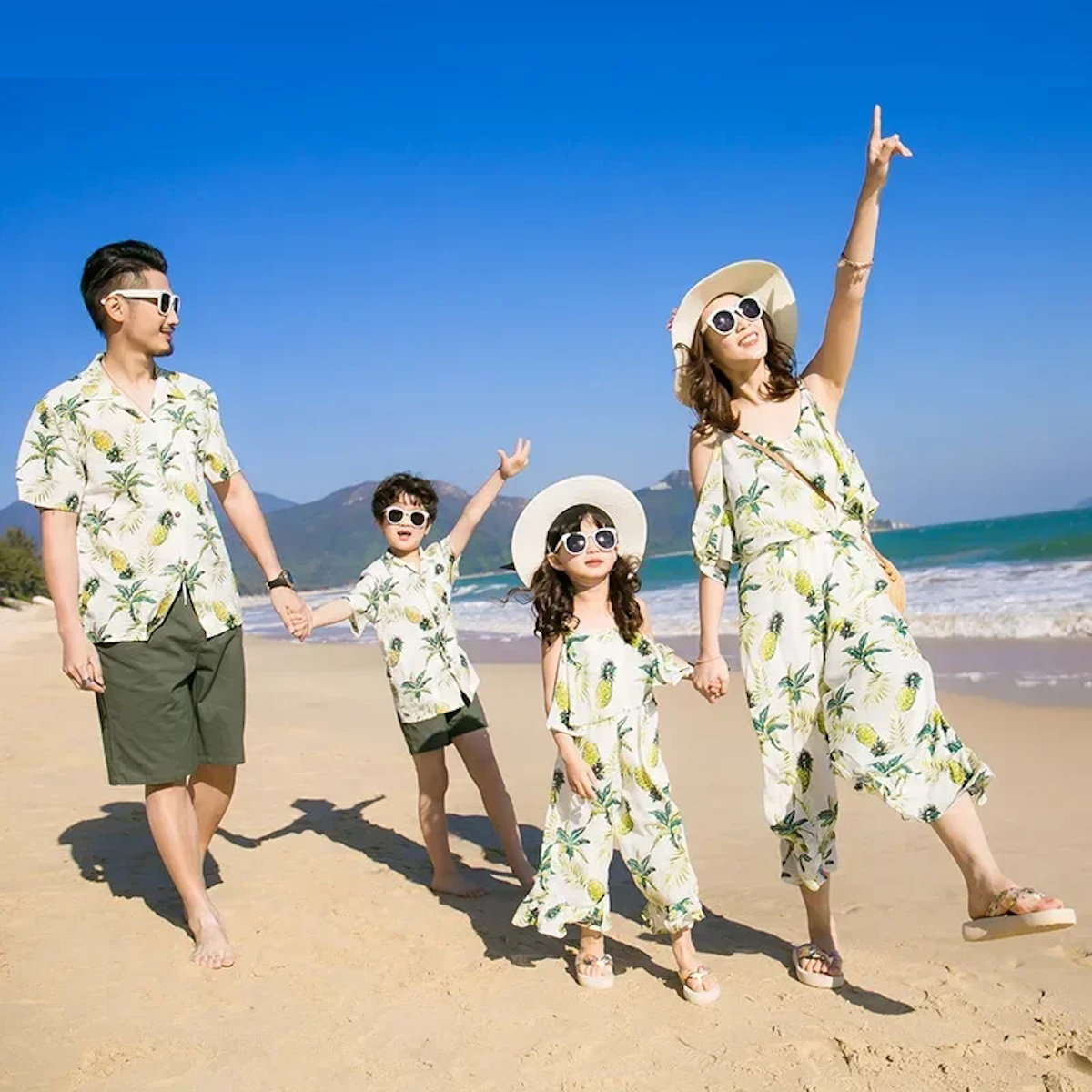 Family Matching Outfits Pineapple Print Olive Green Shorts and T-shirts Pineapple Floral Print Dress - ChildAngle
