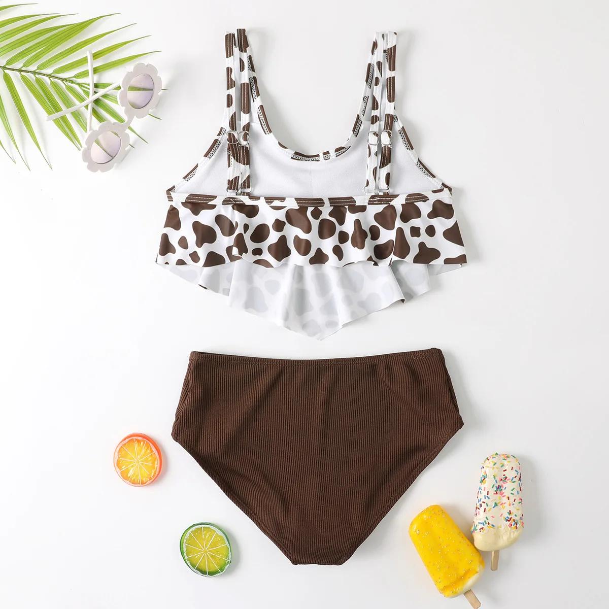 Two-piece swimsuit with leopard print top and brown bottom - ChildAngle