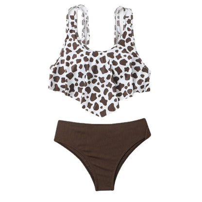 Two-piece swimsuit with leopard print top and brown bottom - ChildAngle