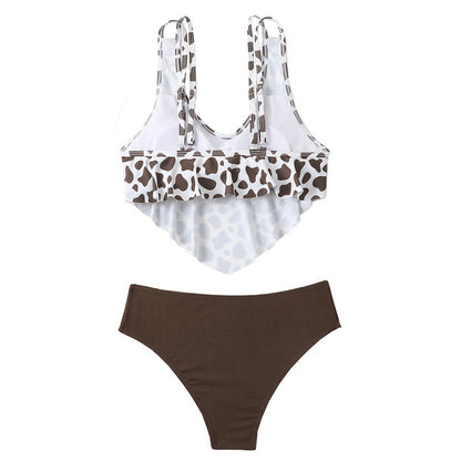 Two-piece swimsuit with leopard print top and brown bottom - ChildAngle