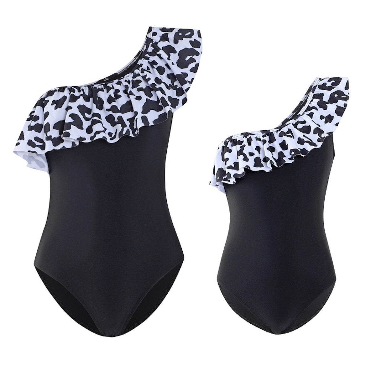 Black swimsuit with white leopard print one shoulder - ChildAngle