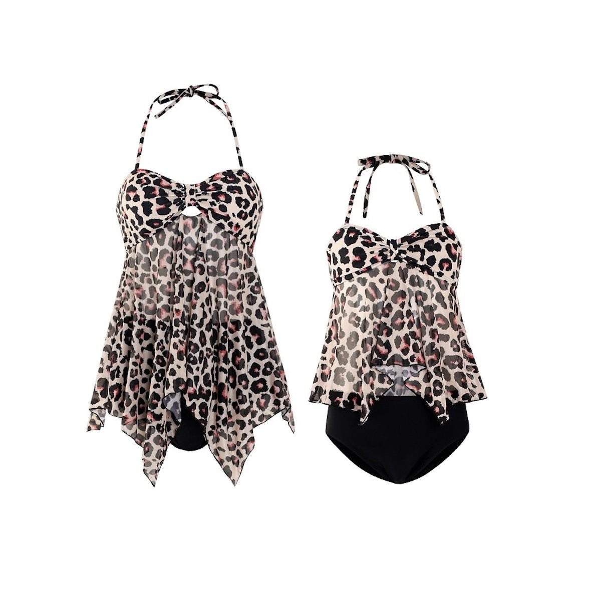 Leopard print halter top and black high-waisted bikini bottom set - ChildAngle