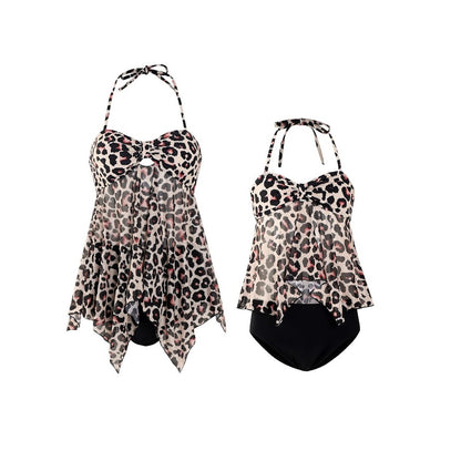 Leopard print halter top and black high-waisted bikini bottom set - ChildAngle