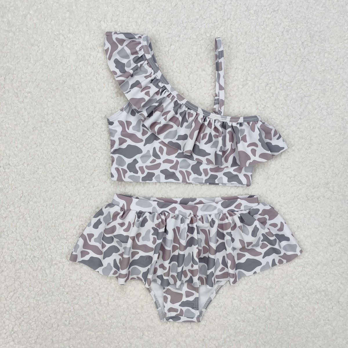 Two-piece swimsuit with ruffled design one-shoulder ruffle bikini set - ChildAngle