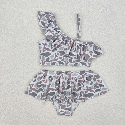 Two-piece swimsuit with ruffled design one-shoulder ruffle bikini set - ChildAngle