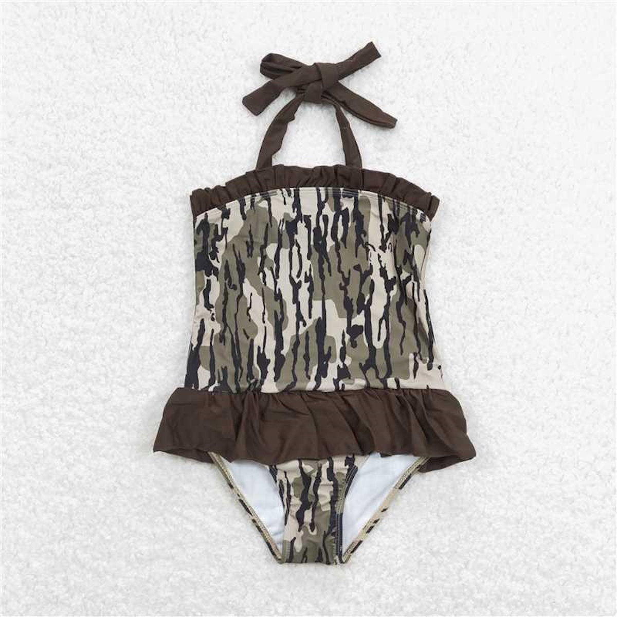 Camouflage swimsuit with brown accents halter neck - ChildAngle
