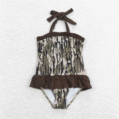 Camouflage swimsuit with brown accents halter neck - ChildAngle
