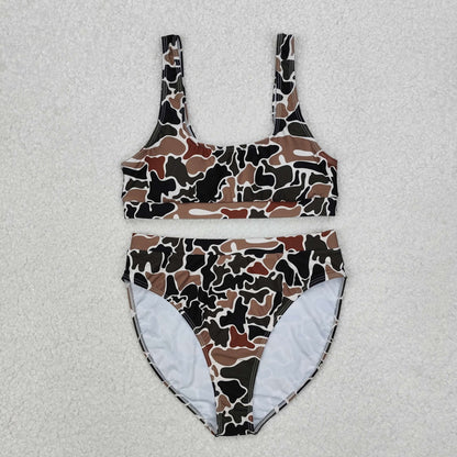 Camouflage-patterned swimsuit with white lining high cut bikini set swimwear - ChildAngle