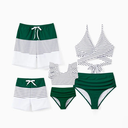 Back Tie Striped Top and Ruched Green Bottom Two Pieces Swimsuits and Drawstring Striped Colorblock Swim Trunks - ChildAngle