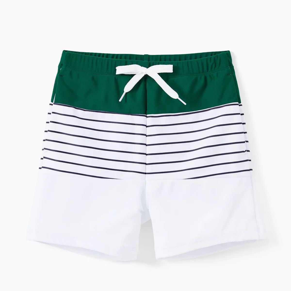 Back Tie Striped Top and Ruched Green Bottom Two Pieces Swimsuits and Drawstring Striped Colorblock Swim Trunks - ChildAngle