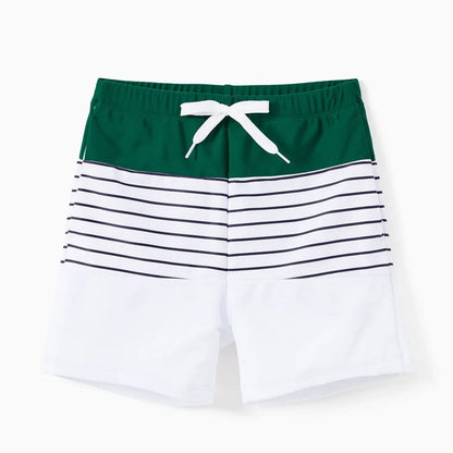 Back Tie Striped Top and Ruched Green Bottom Two Pieces Swimsuits and Drawstring Striped Colorblock Swim Trunks - ChildAngle