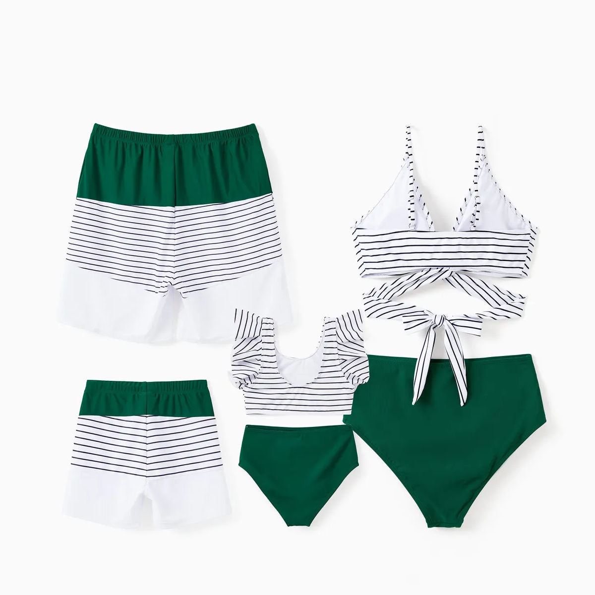Back Tie Striped Top and Ruched Green Bottom Two Pieces Swimsuits and Drawstring Striped Colorblock Swim Trunks - ChildAngle
