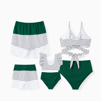 Back Tie Striped Top and Ruched Green Bottom Two Pieces Swimsuits and Drawstring Striped Colorblock Swim Trunks - ChildAngle