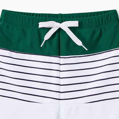 Back Tie Striped Top and Ruched Green Bottom Two Pieces Swimsuits and Drawstring Striped Colorblock Swim Trunks - ChildAngle