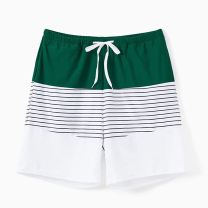Back Tie Striped Top and Ruched Green Bottom Two Pieces Swimsuits and Drawstring Striped Colorblock Swim Trunks - ChildAngle