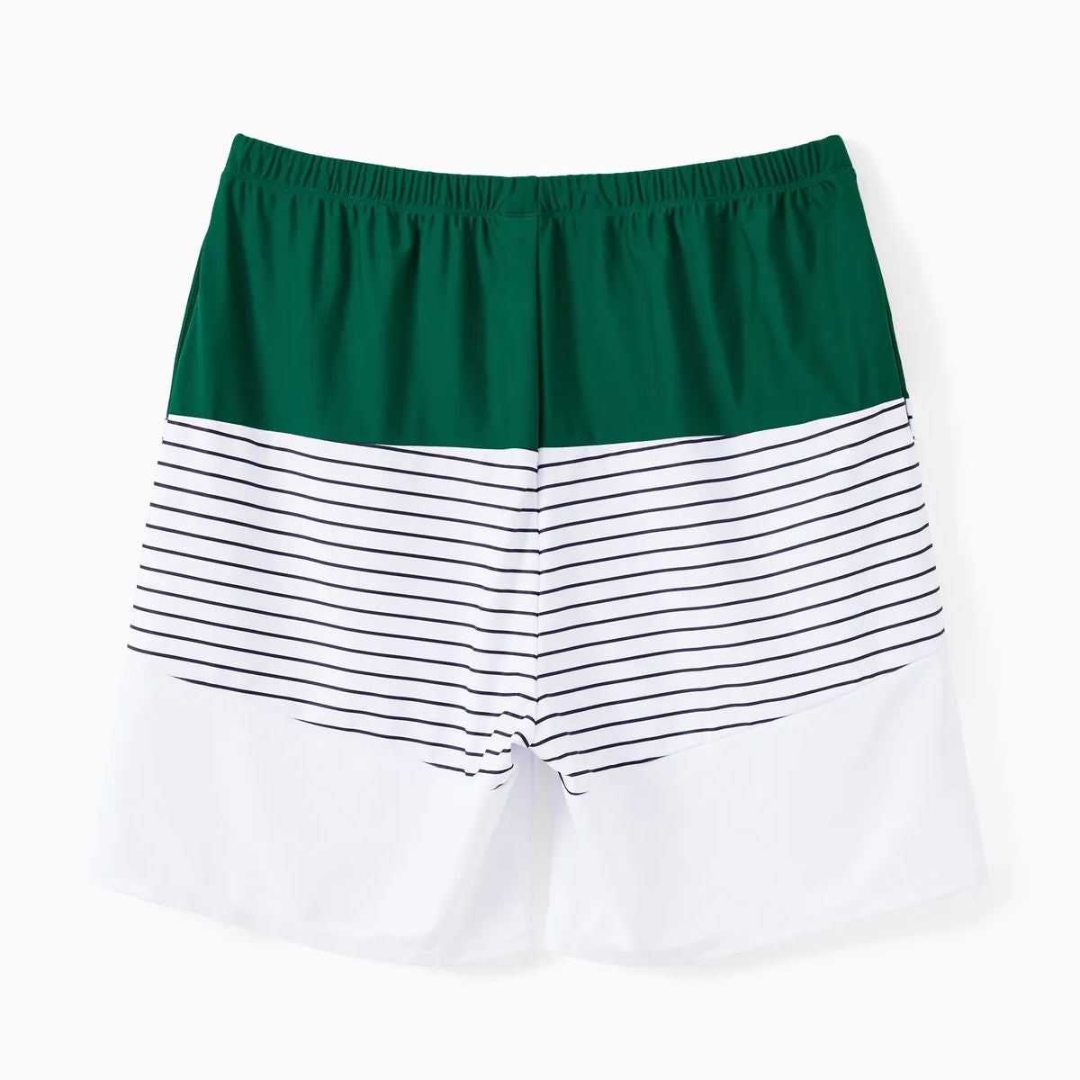 Back Tie Striped Top and Ruched Green Bottom Two Pieces Swimsuits and Drawstring Striped Colorblock Swim Trunks - ChildAngle