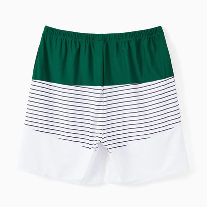 Back Tie Striped Top and Ruched Green Bottom Two Pieces Swimsuits and Drawstring Striped Colorblock Swim Trunks - ChildAngle