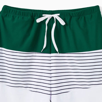 Back Tie Striped Top and Ruched Green Bottom Two Pieces Swimsuits and Drawstring Striped Colorblock Swim Trunks - ChildAngle