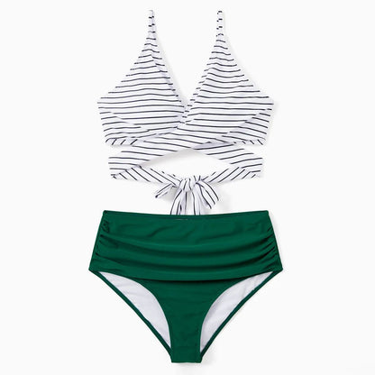 Back Tie Striped Top and Ruched Green Bottom Two Pieces Swimsuits and Drawstring Striped Colorblock Swim Trunks - ChildAngle