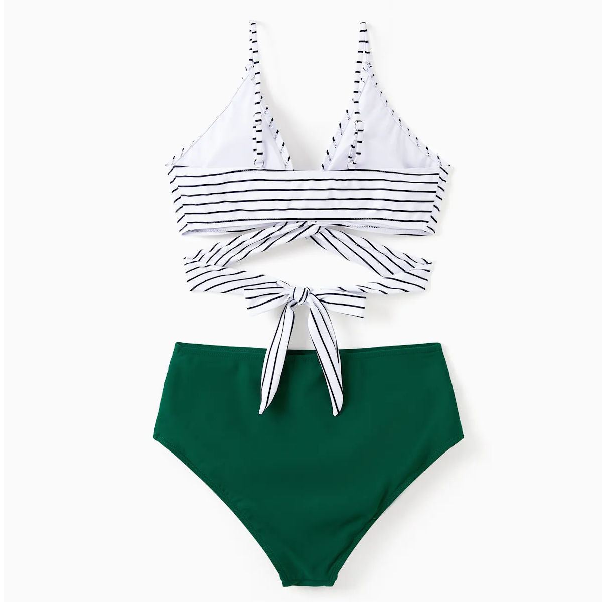 Back Tie Striped Top and Ruched Green Bottom Two Pieces Swimsuits and Drawstring Striped Colorblock Swim Trunks - ChildAngle