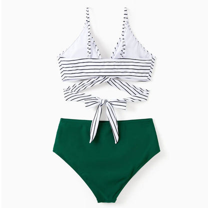 Back Tie Striped Top and Ruched Green Bottom Two Pieces Swimsuits and Drawstring Striped Colorblock Swim Trunks - ChildAngle