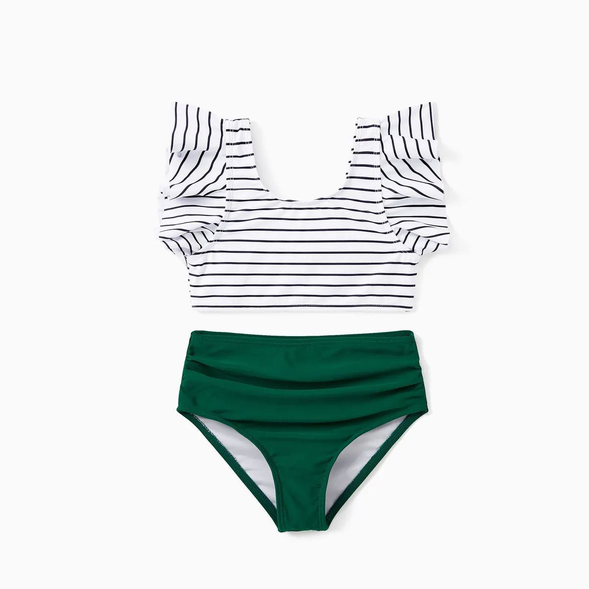 Back Tie Striped Top and Ruched Green Bottom Two Pieces Swimsuits and Drawstring Striped Colorblock Swim Trunks - ChildAngle