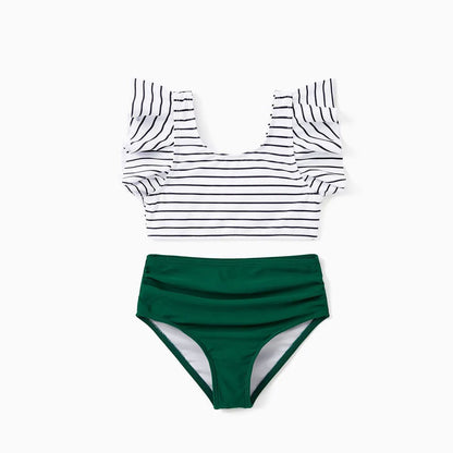 Back Tie Striped Top and Ruched Green Bottom Two Pieces Swimsuits and Drawstring Striped Colorblock Swim Trunks - ChildAngle