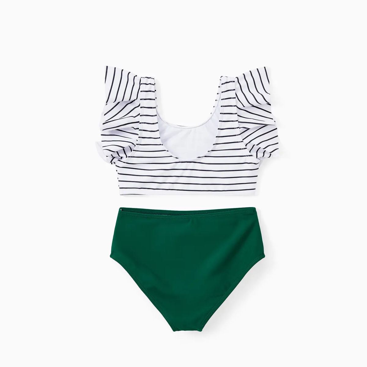 Back Tie Striped Top and Ruched Green Bottom Two Pieces Swimsuits and Drawstring Striped Colorblock Swim Trunks - ChildAngle