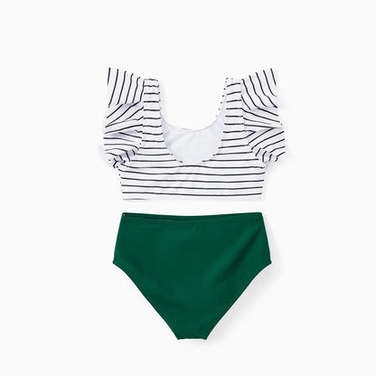 Back Tie Striped Top and Ruched Green Bottom Two Pieces Swimsuits and Drawstring Striped Colorblock Swim Trunks - ChildAngle