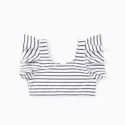 Back Tie Striped Top and Ruched Green Bottom Two Pieces Swimsuits and Drawstring Striped Colorblock Swim Trunks - ChildAngle