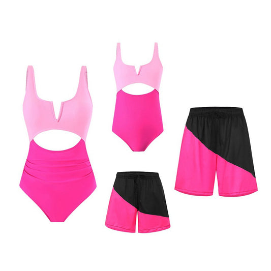 Pink and black swimsuit set with two-piece swimsuit and shorts - ChildAngle