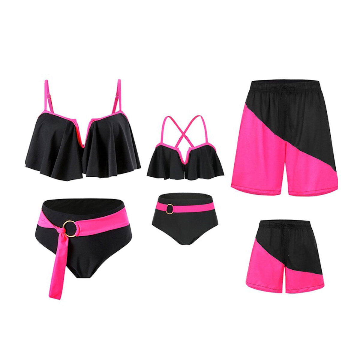 Black and pink swimwear set including a top, bottom, and shorts - ChildAngle