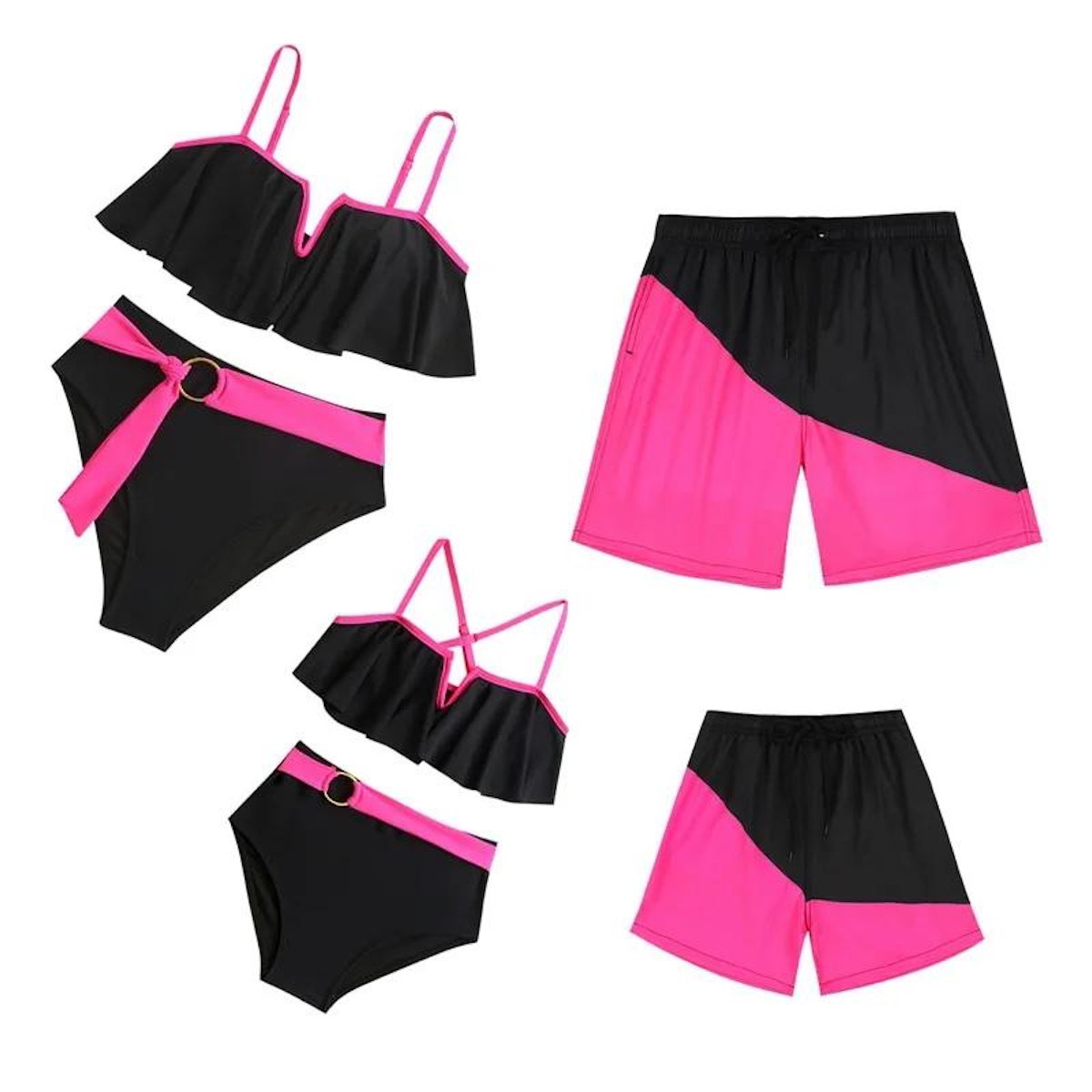 Black and pink swimwear set with two tops and two pairs of shorts - ChildAngle