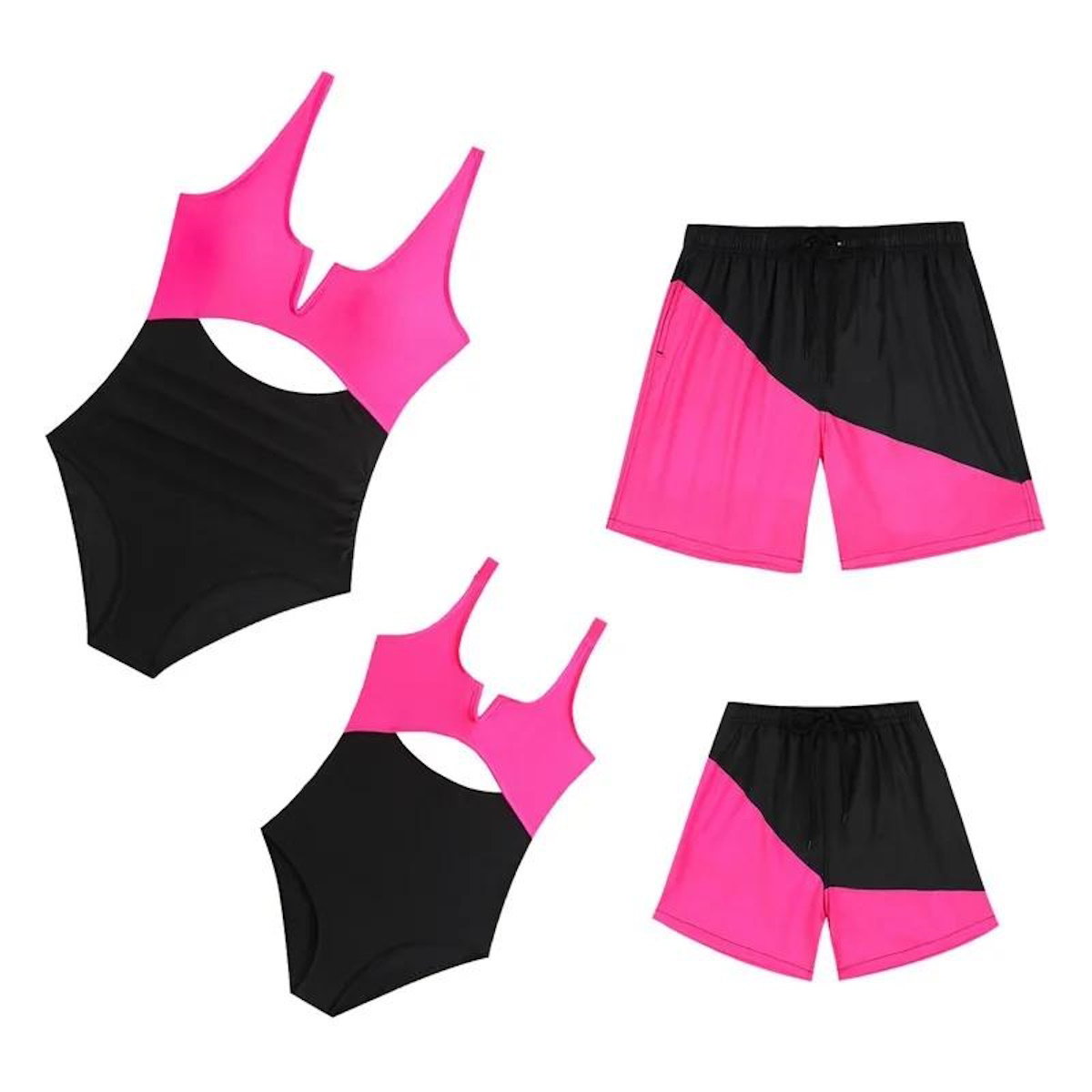 Black and pink One Piece Swimsuits and Swim Trunks Set - ChildAngle