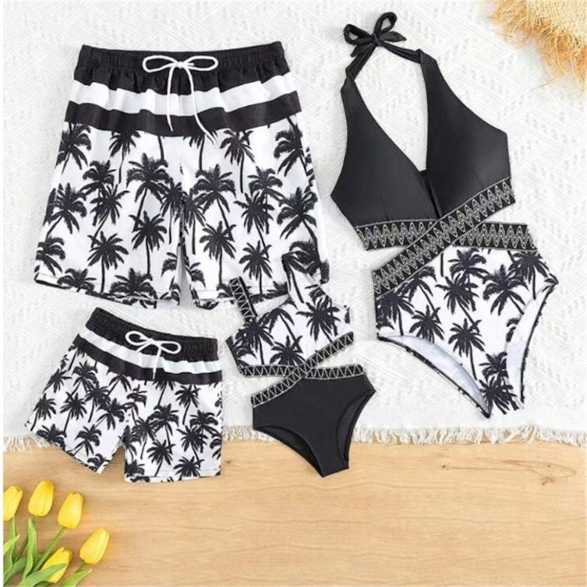 Matching Family Swimsuit Black White Palm Tree Mom Dad Swimsuit - ChildAngle