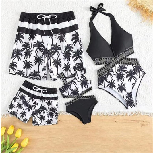 Matching Family Swimsuit Black White Palm Tree Mom Dad Swimsuit - ChildAngle