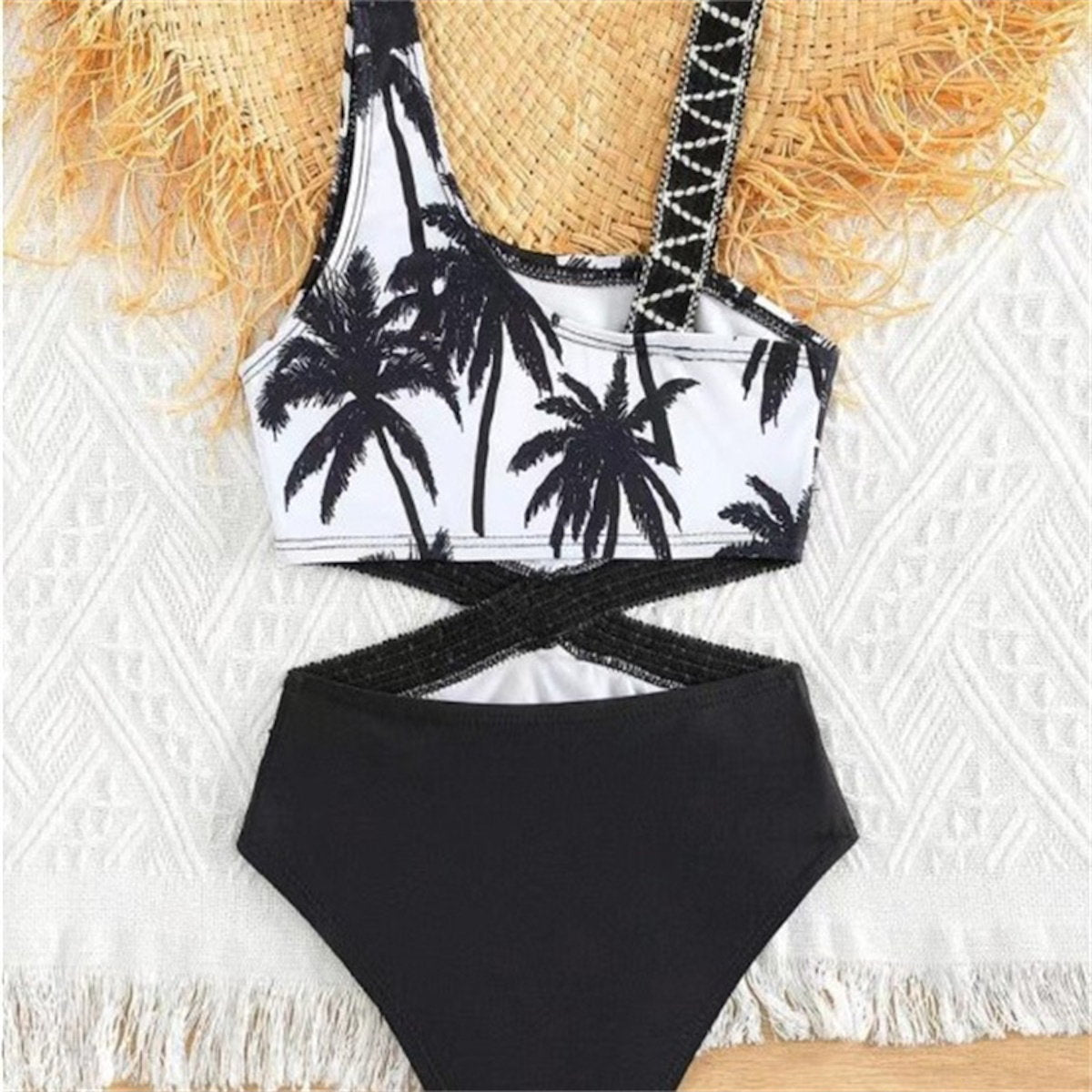 Matching Family Swimsuit Black White Palm Tree Mom Dad Swimsuit - ChildAngle