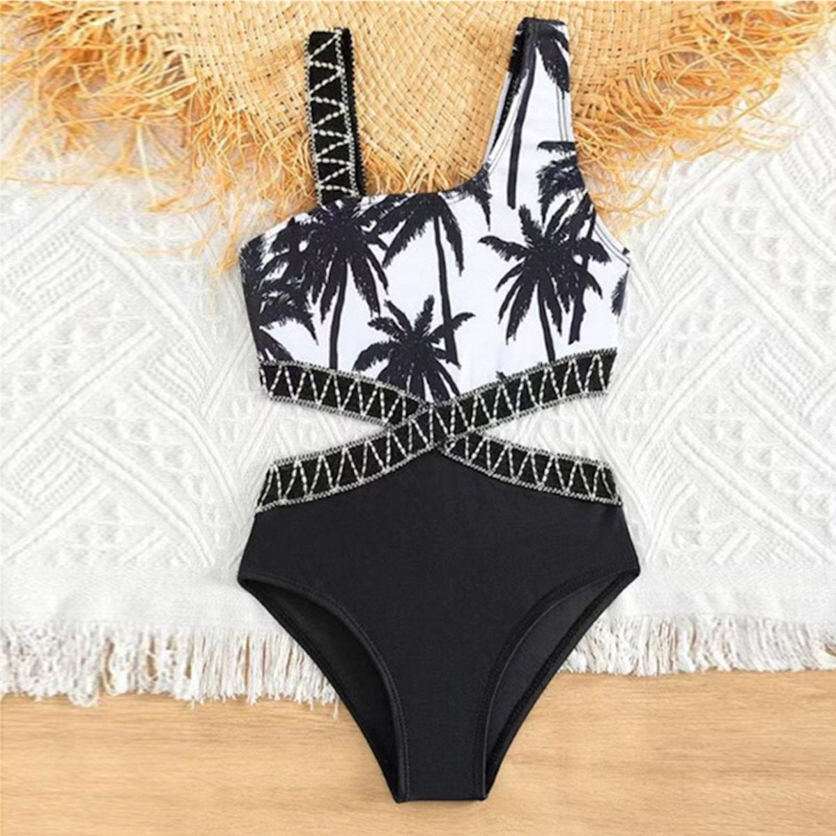 Matching Family Swimsuit Black White Palm Tree Mom Dad Swimsuit - ChildAngle