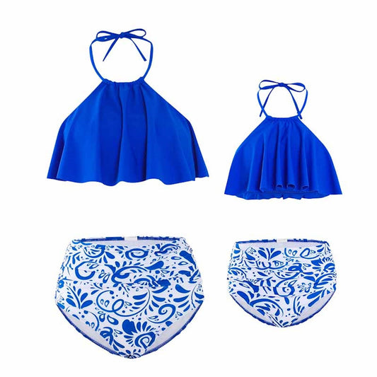 Blue bikini set with floral patterned bottoms - ChildAngle