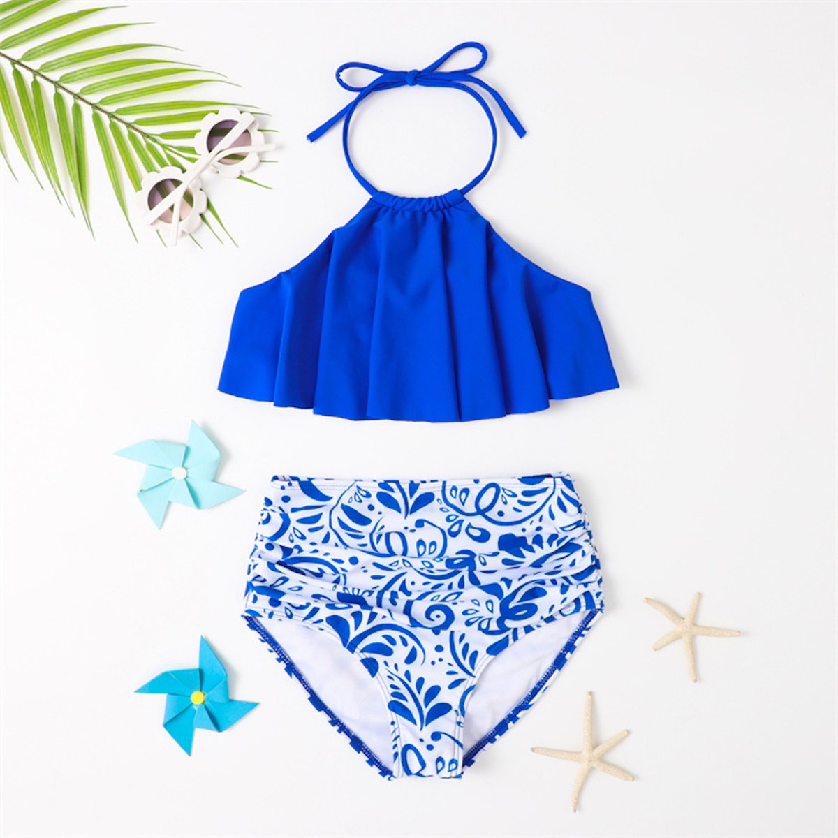 Blue bikini set with floral patterned bottom - ChildAngle