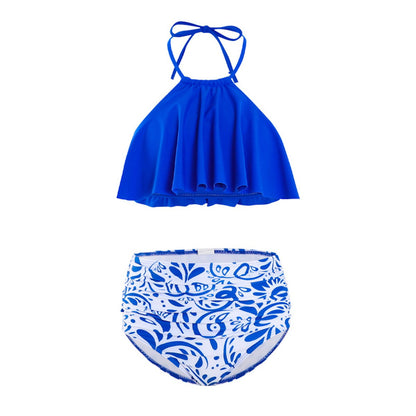 Blue bikini top and white floral-patterned bottom - ChildAngle