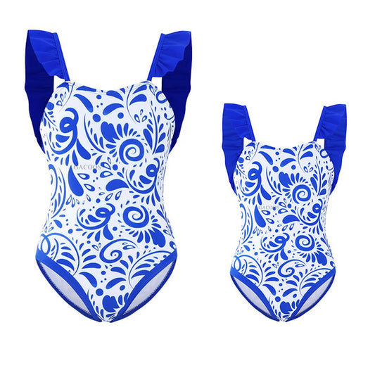 Blue and white patterned swimsuit - ChildAngle