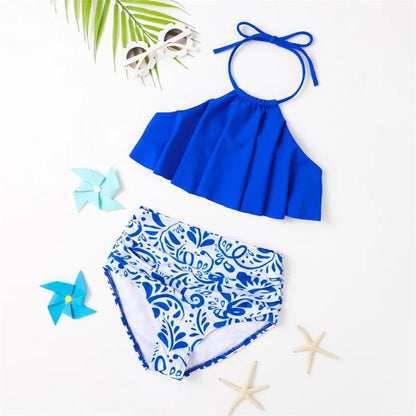 Blue bikini set with floral patterned bottom and accessories - ChildAngle