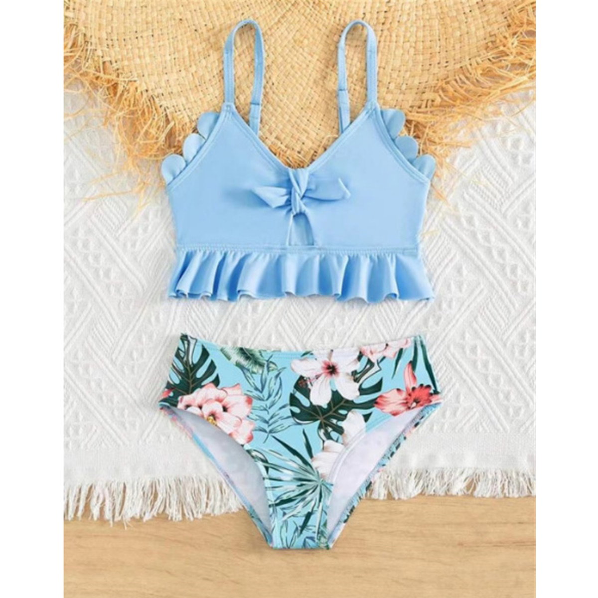 Matching Family Swimsuit Sky Blue Ruffle Floral Bikini Set Swimsuit - ChildAngle