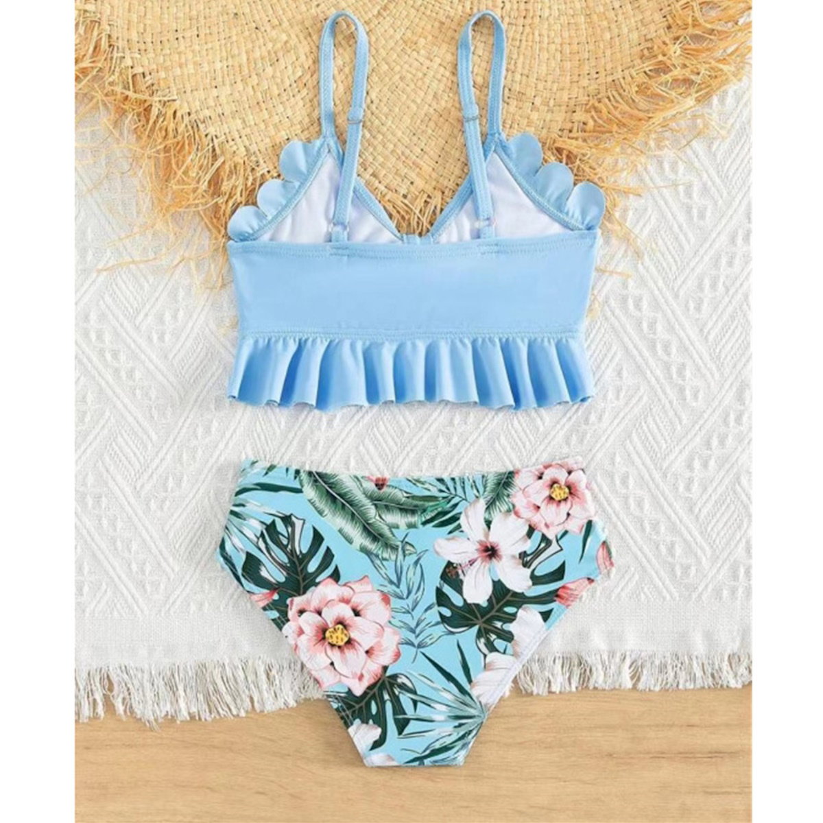 Matching Family Swimsuit Sky Blue Ruffle Floral Bikini Set Swimsuit - ChildAngle