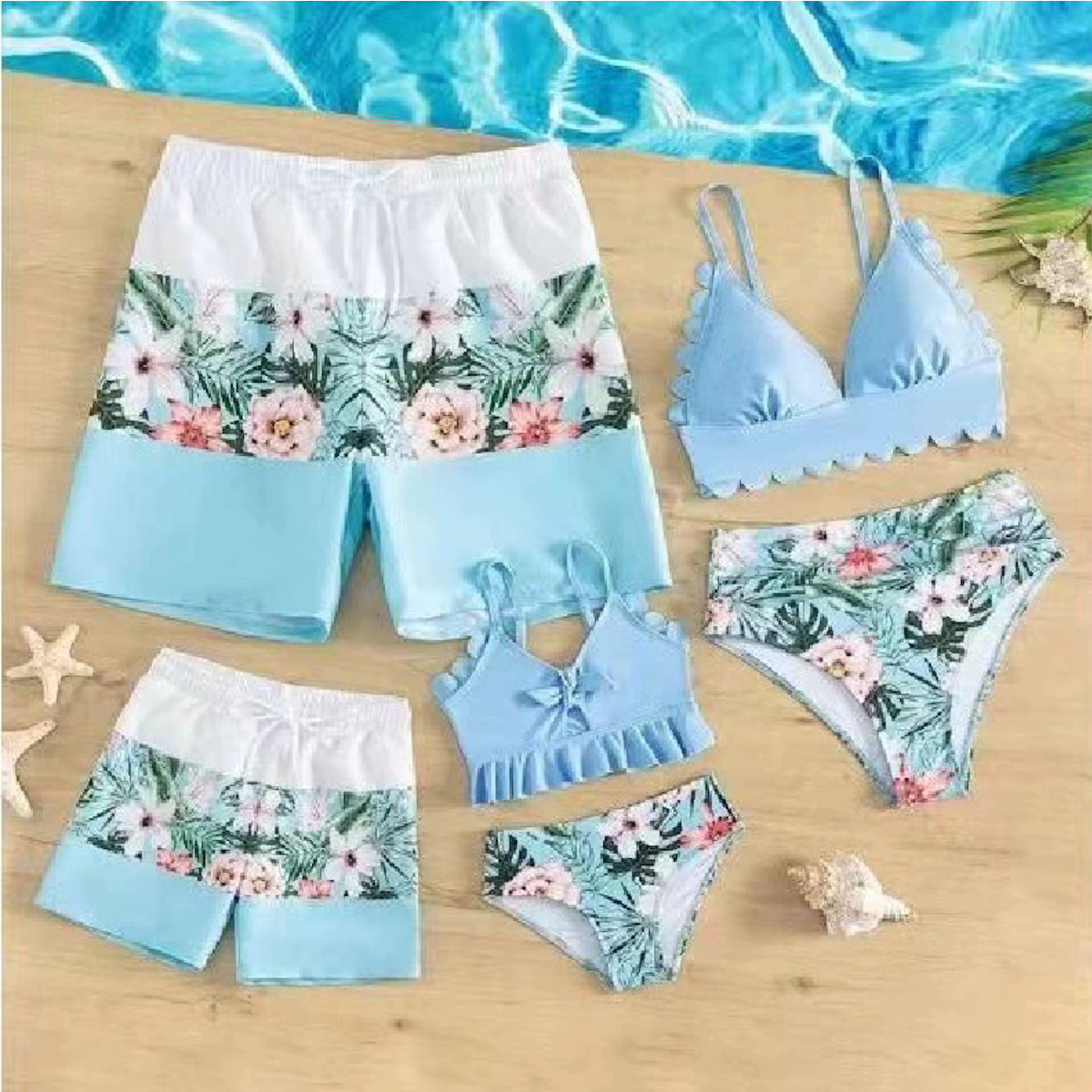 Matching Family Swimsuit Sky Blue Ruffle Floral Bikini Set Swimsuit - ChildAngle