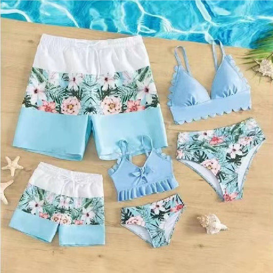 Matching Family Swimsuit Sky Blue Ruffle Floral Bikini Set Swimsuit - ChildAngle