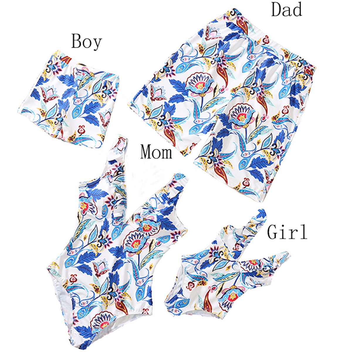 Set of colorful floral-patterned baby bibs with labels for 'Boy', 'Dad', 'Mom', and 'Girl' on a white background.