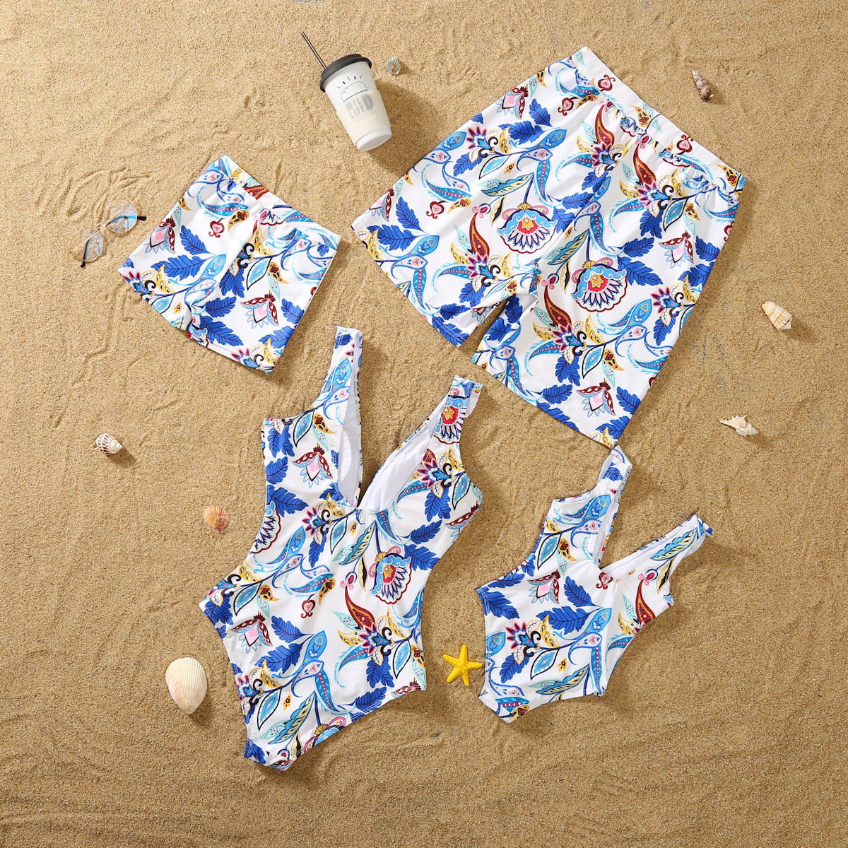 Family Matching Swimsuit Blue Floral Leaf Swim Trunks One Piece Swimsuit - ChildAngle