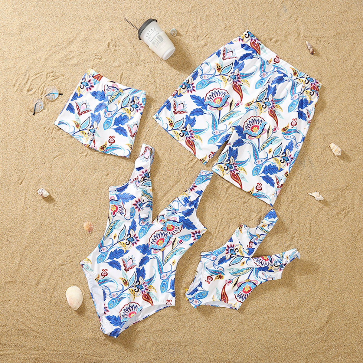 Family Matching Swimsuit Blue Floral Leaf Swim Trunks One Piece Swimsuit - ChildAngle
